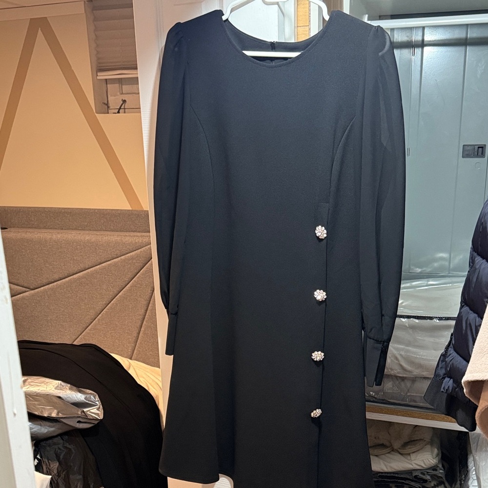 Elegant Black Dress with Button Accents and sheer sleeves